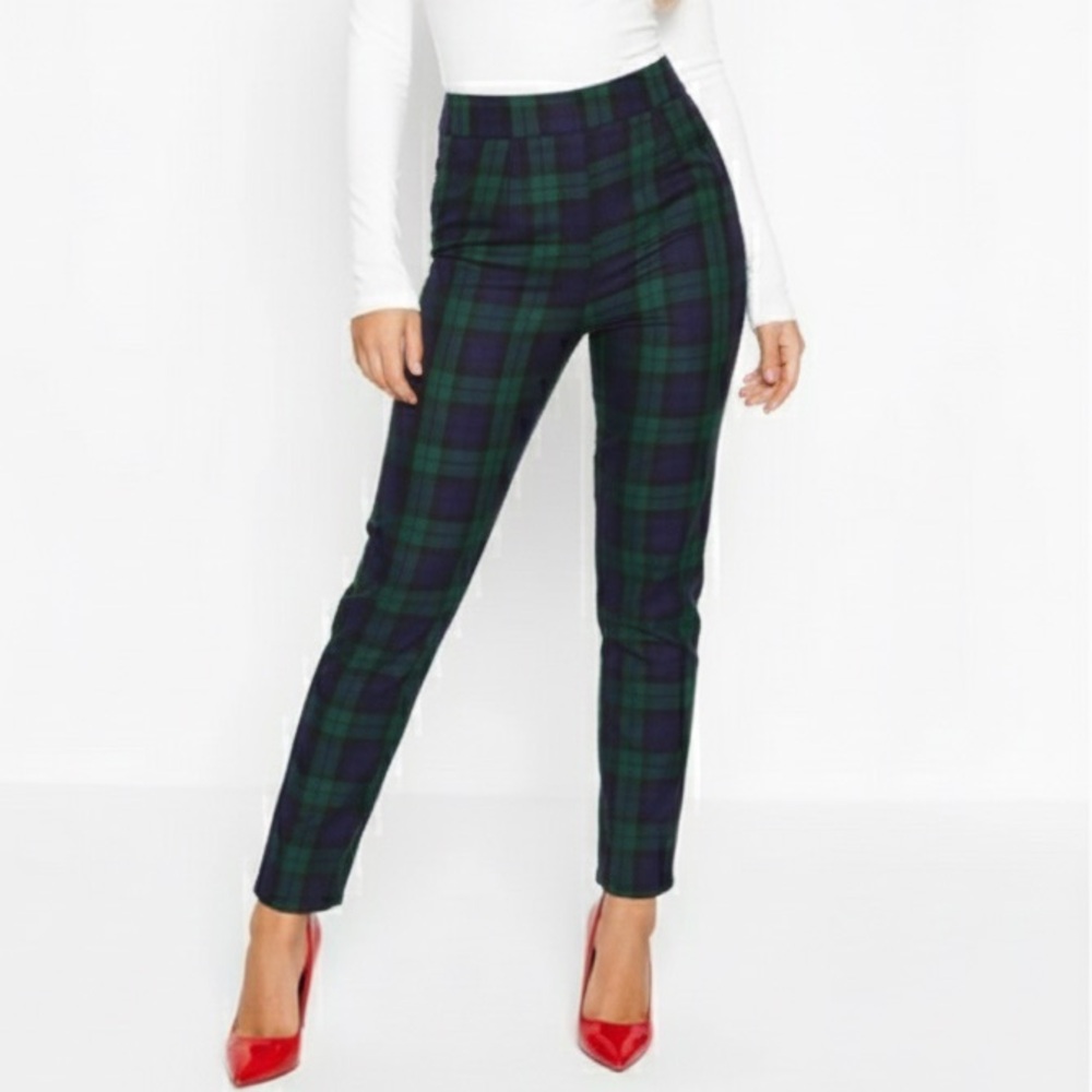 NWT Boohoo Tartan Plaid Check Slim Fit Trousers Green & Blue Cropped Pants 4